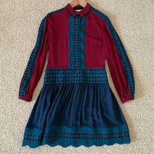 Tory Burch dress burgundy blue teal geometric